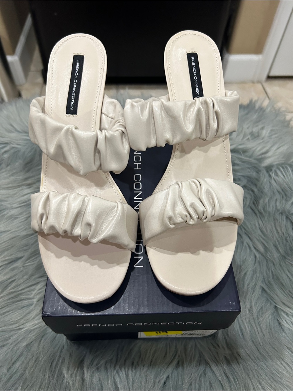 French Connection Ivory Ruched Double-Strap Slide Mules